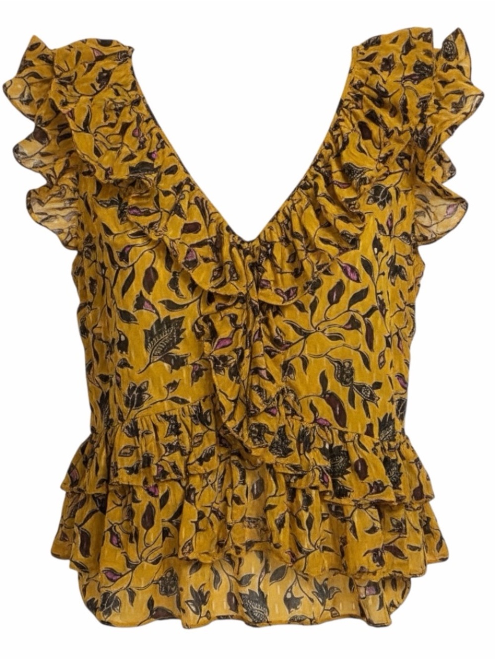Ulla Johnson Mustard Floral Ruffle Sleeveless Silk Blend Blouse Size 8 - Picture 2 of 10